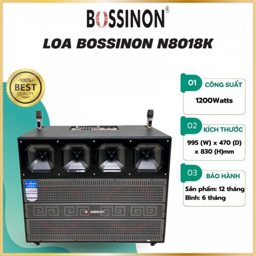 LOA KÉO TỦ 4 TẤC ĐÔI BOSSINON N8018K _Kích thước: 995(W) x 470 (D) x 830 (H)mm _Công suất: 1200Watts - Bảo hành chính Hãng 12 tháng (bình và micro bảo hành 6 tháng)